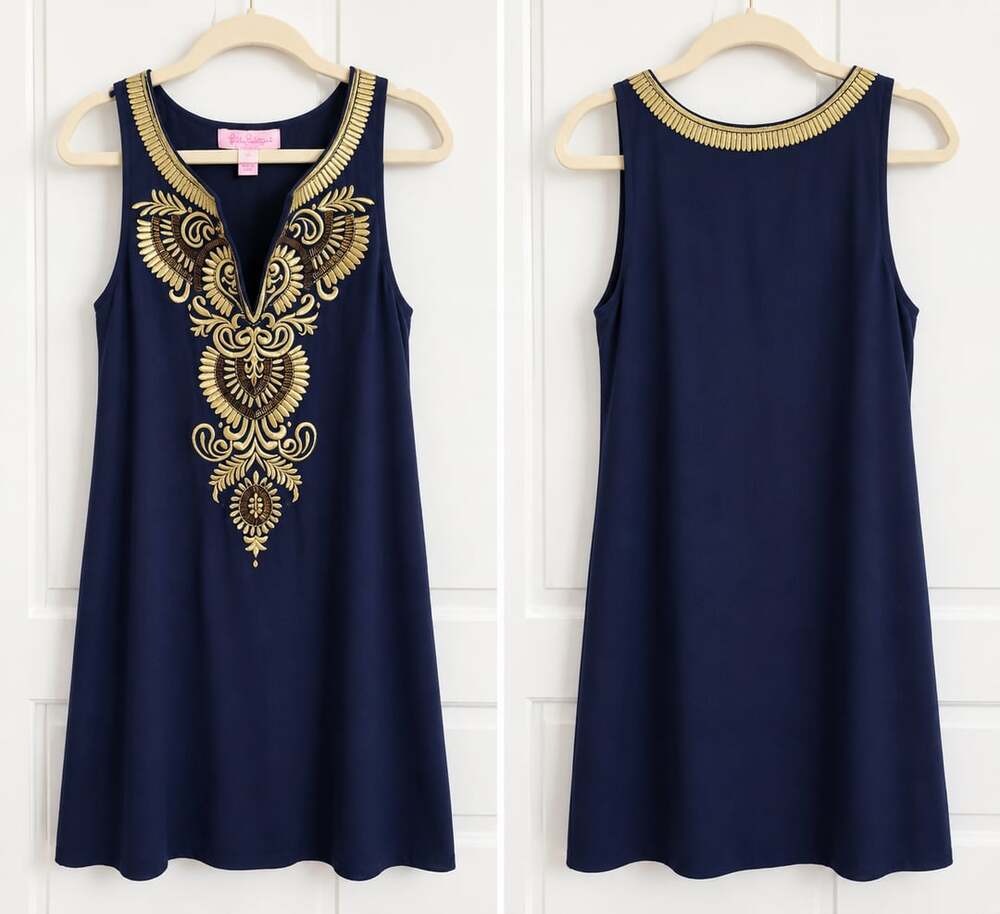Lilly Pulitzer Aubra Shift Dress Size M Navy Blue Gold Embroidered